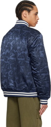 BAPE Navy Solid Camo NYC Logo Varsity Bomber Jacket