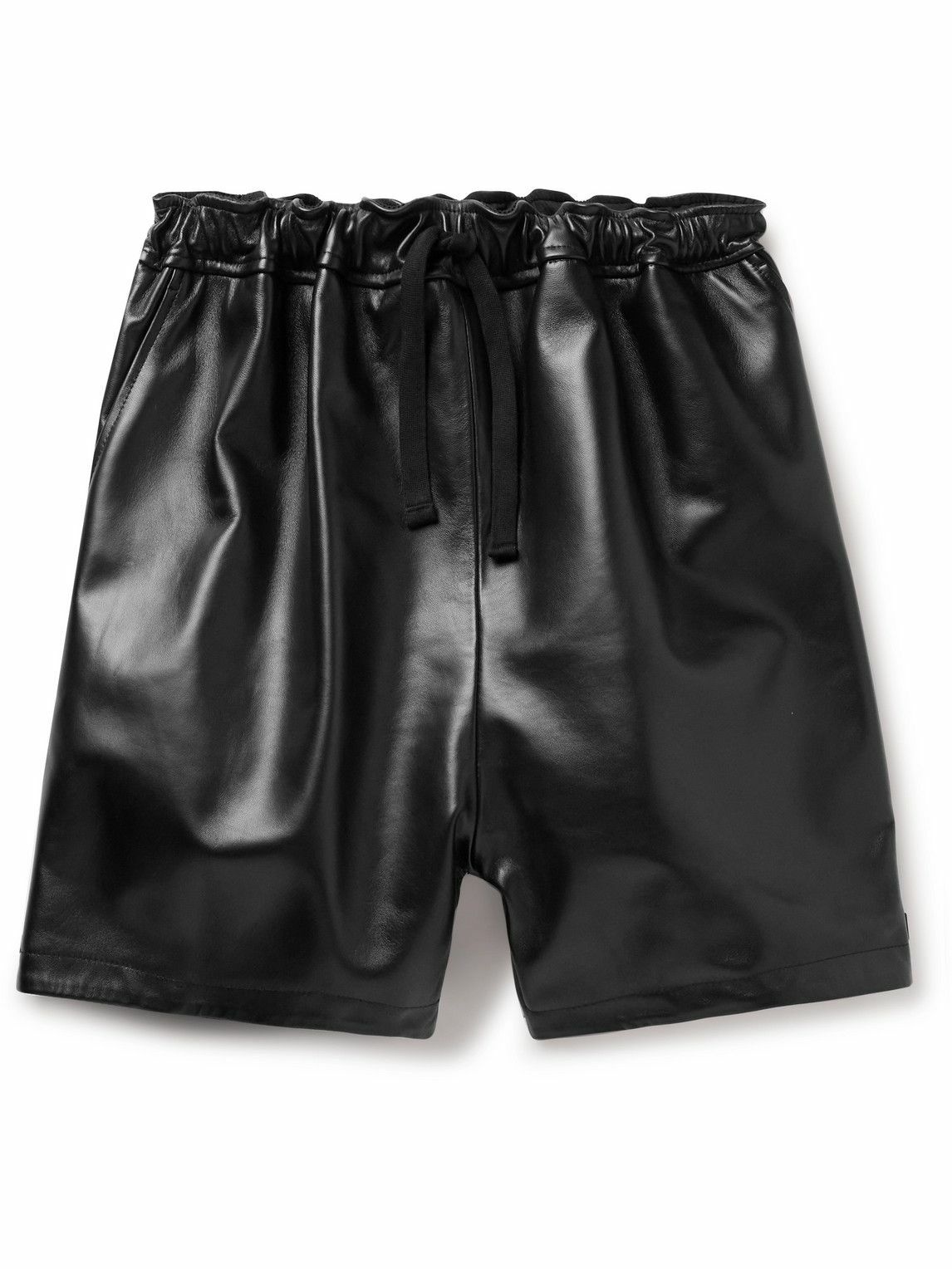 Photo: 4SDesigns - Wide-Leg Logo-Appliqued Leather Drawstring Shorts - Black