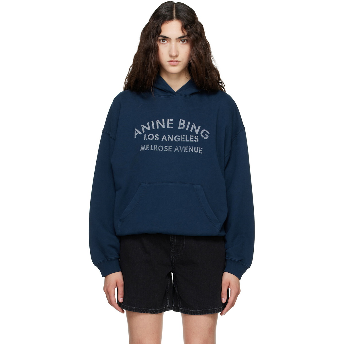ANINE BING Navy Harvey 'Melrose' Stencil Hoodie