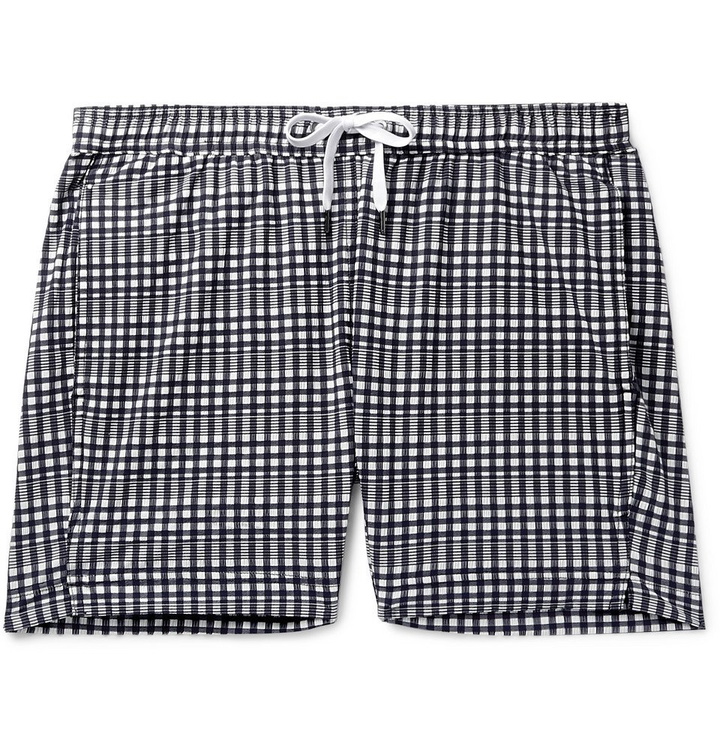 Photo: Onia - Charles Slim-Fit Mid-Length Checked Seersucker Swim Shorts - Navy