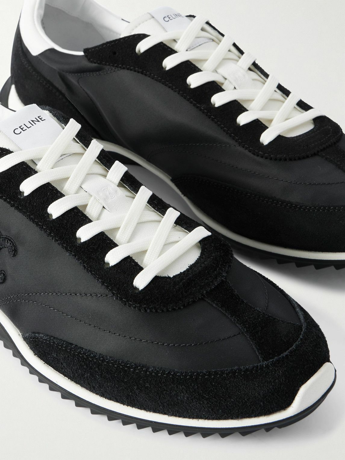 CELINE - Leather and Suede-Trimmed Logo-Embroidered Shell Sneakers - Black