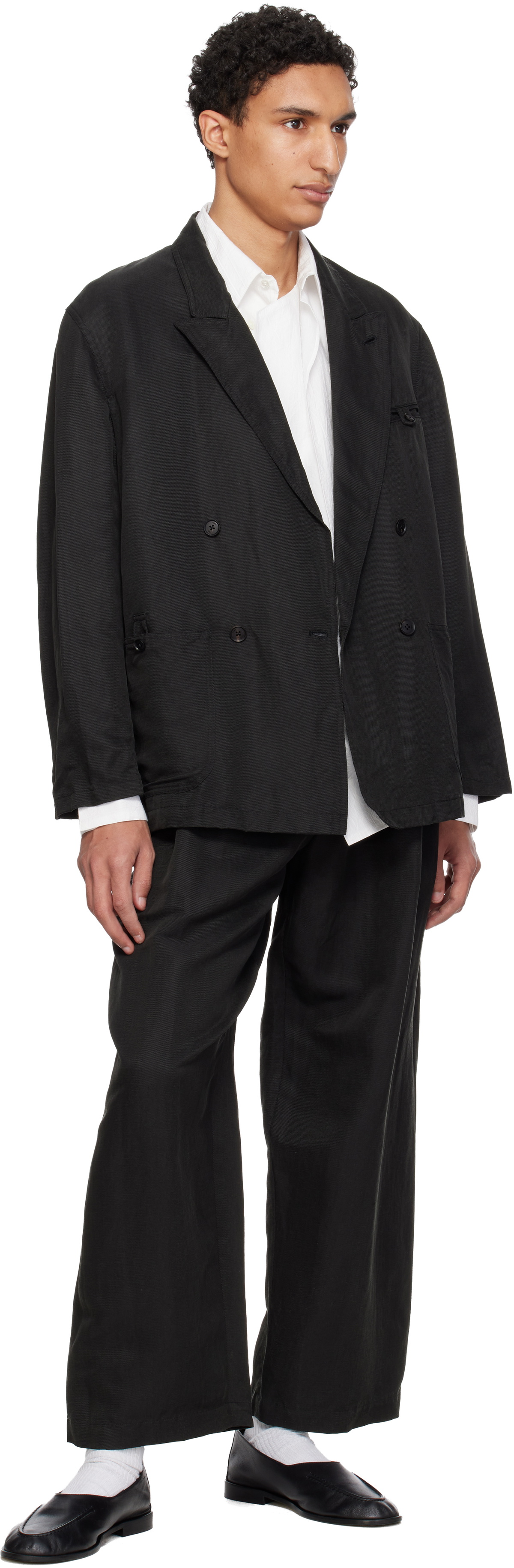 YOKE Black Linen Silk Kersey 3pleated Tapered Trousers