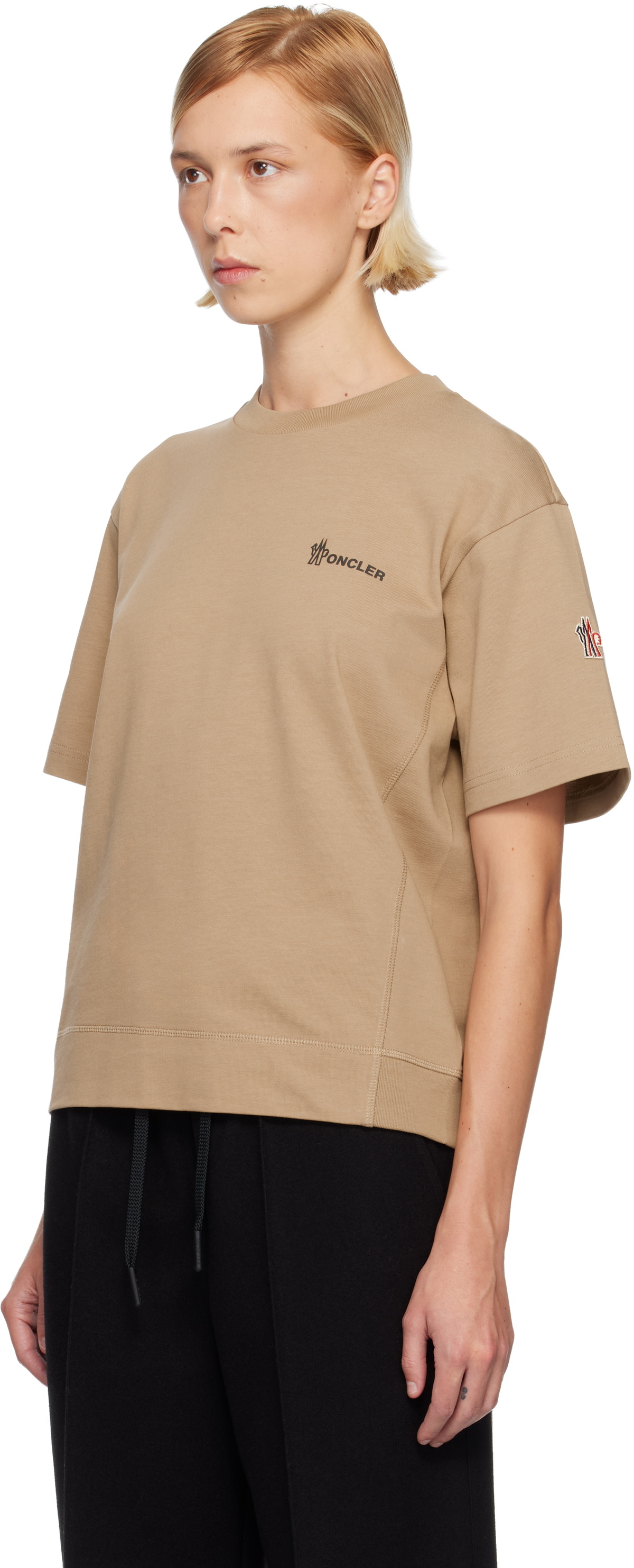 Moncler Grenoble Beige Embossed Logo Cotton T-shirt