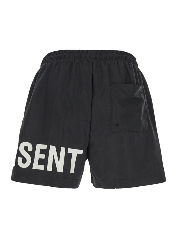 Photo: REPRESENT Black Swim Shorts With Elastic Drawstring Waist And Logo Lettering Print In Tech Fabric Man