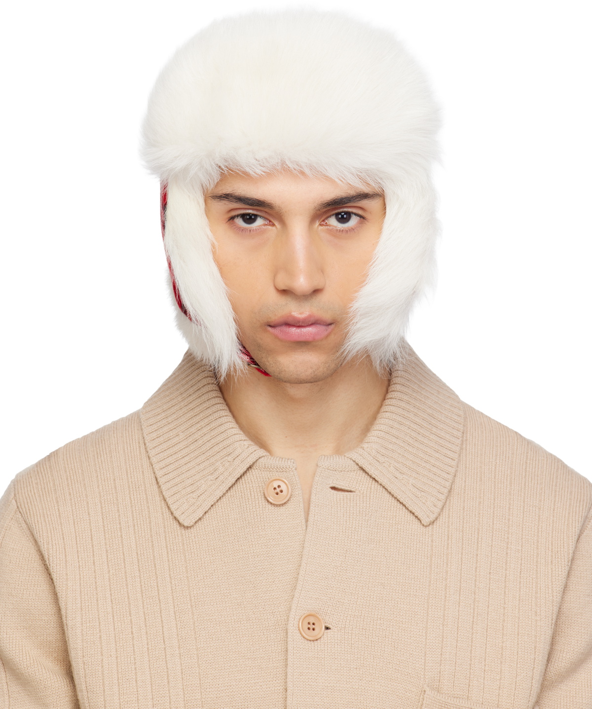 Burberry Red & Off-White Check Wool Trapper Hat
