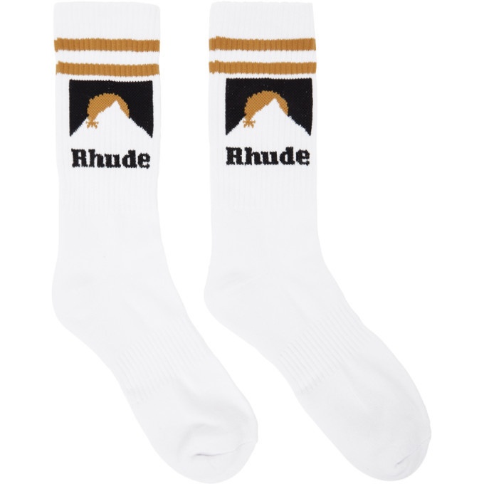 Photo: Rhude White and Gold Mountain Logo Socks