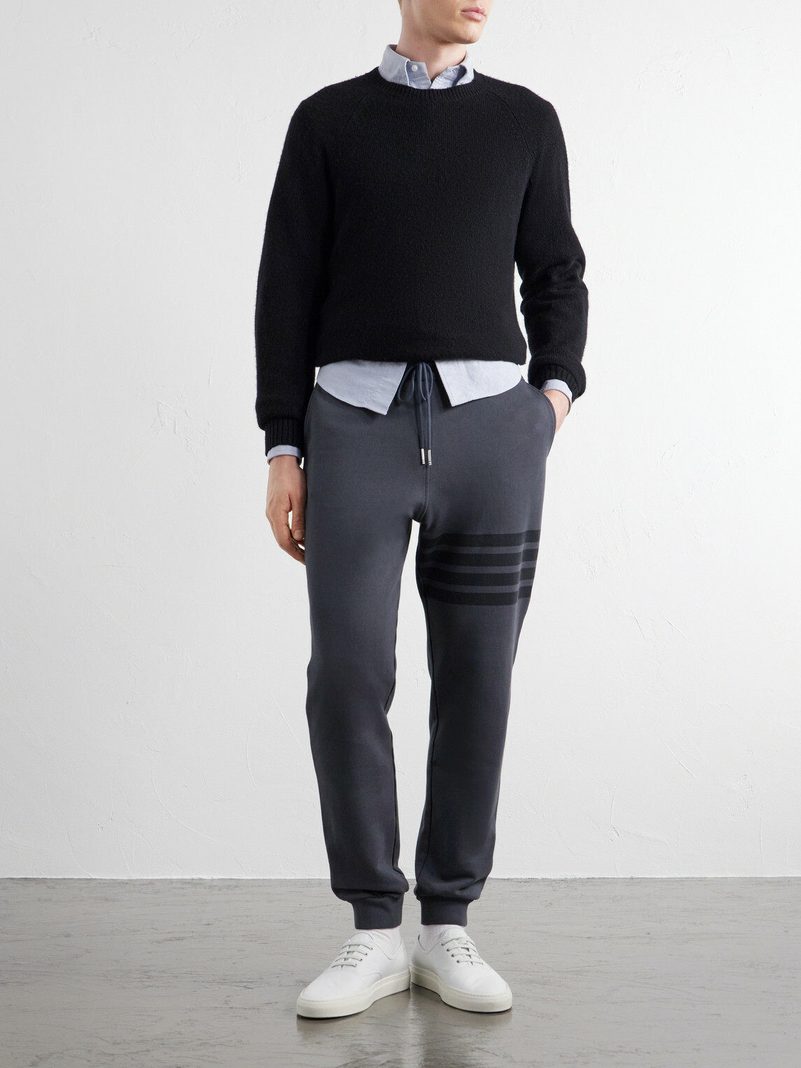Thom Browne - Tapered 4-Bar Detailed Cotton-Jersey Drawstring Sweatpants - Gray