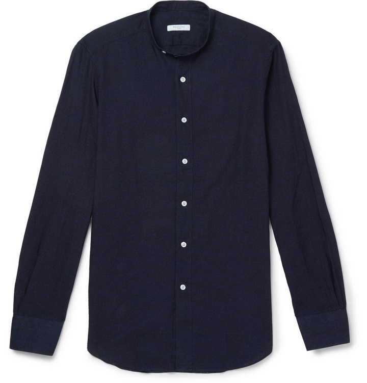 Photo: Boglioli - Slim-Fit Grandad-Collar Linen and Cotton-Blend Chambray Shirt - Blue