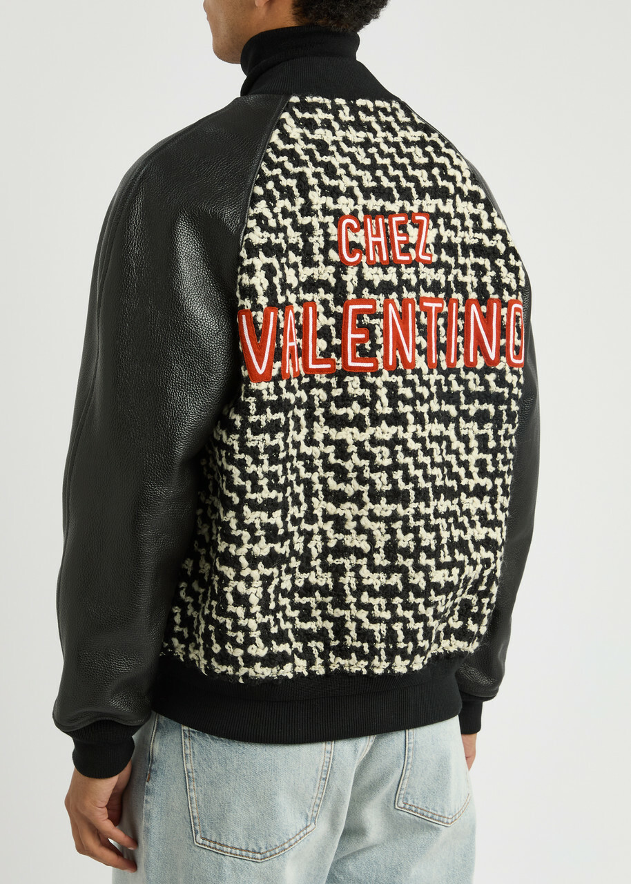 Valentino Leather and Bouclé Tweed Bomber Jacket Black