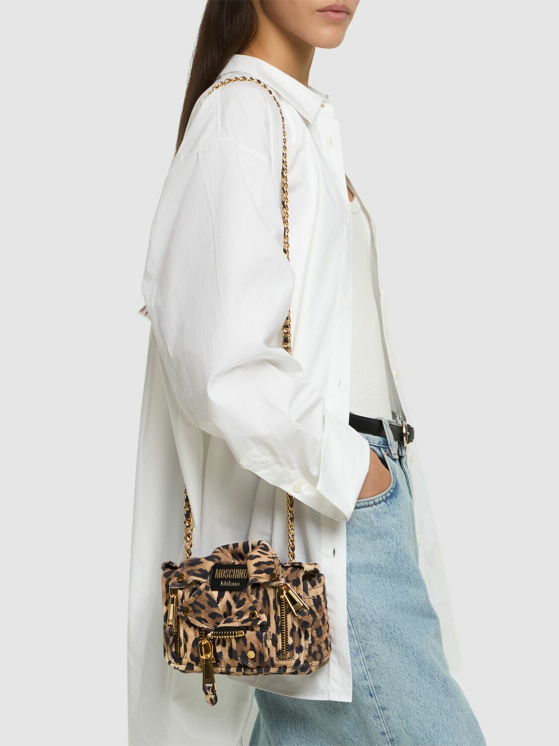 MOSCHINO Biker Printed Suede Shoulder Bag Moschino