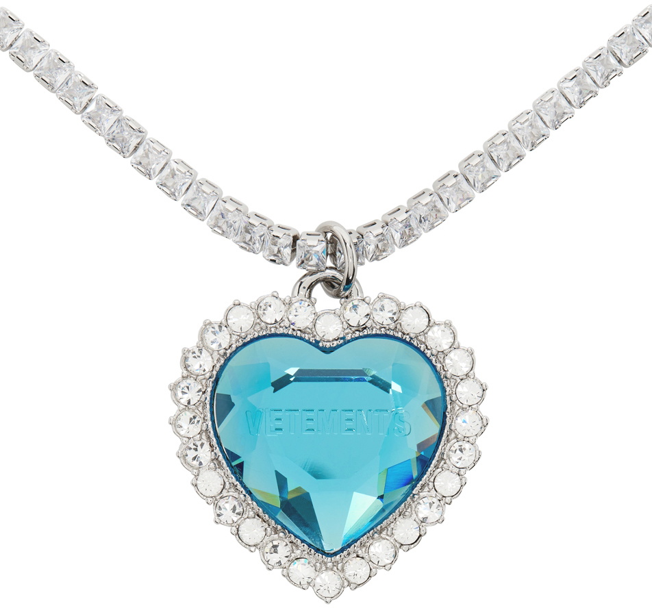 VETEMENTS Silver & Blue Crystal Heart Necklace