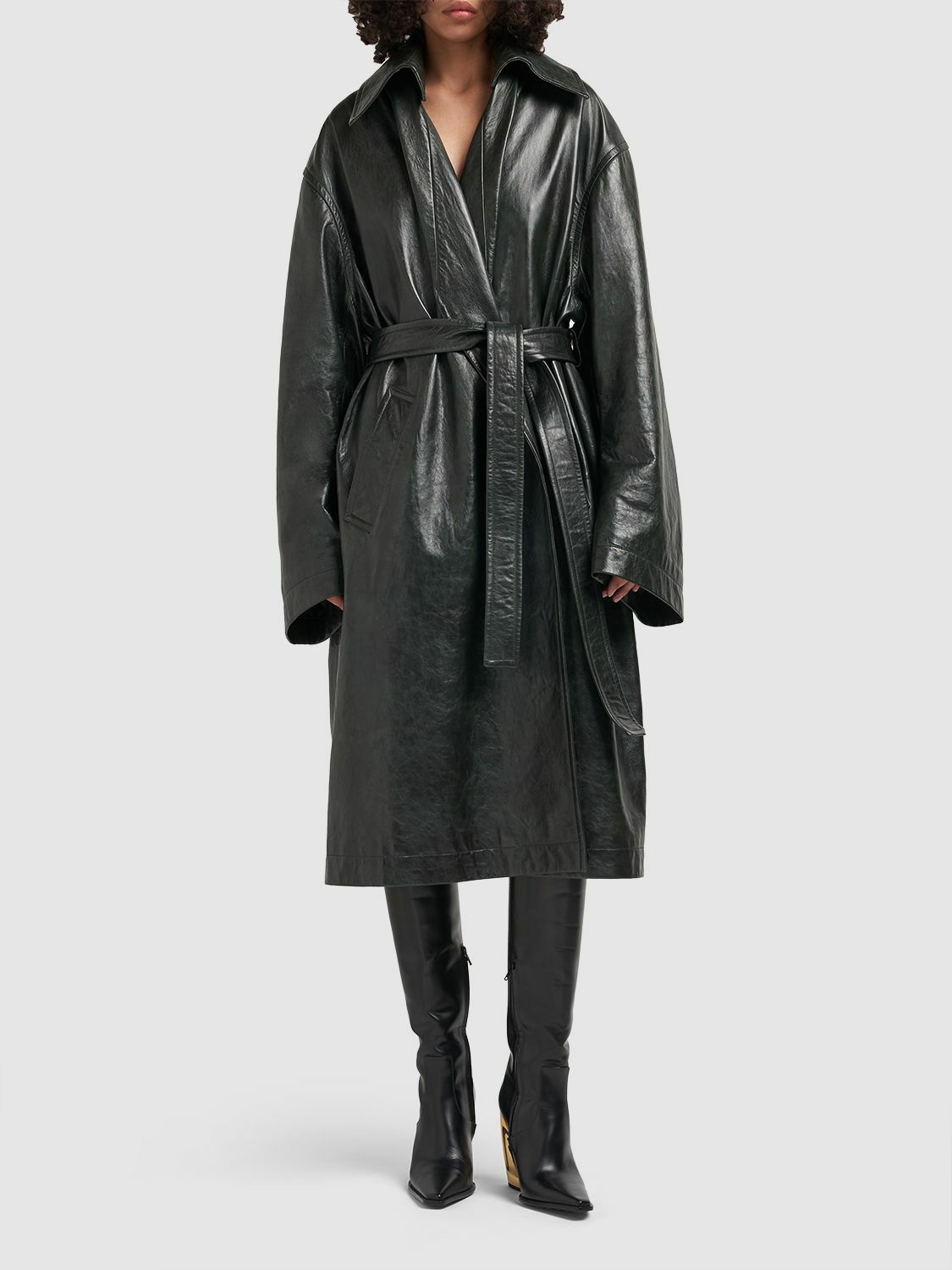 BOTTEGA VENETA - Shiny Leather Kimono Belted Coat Bottega Veneta