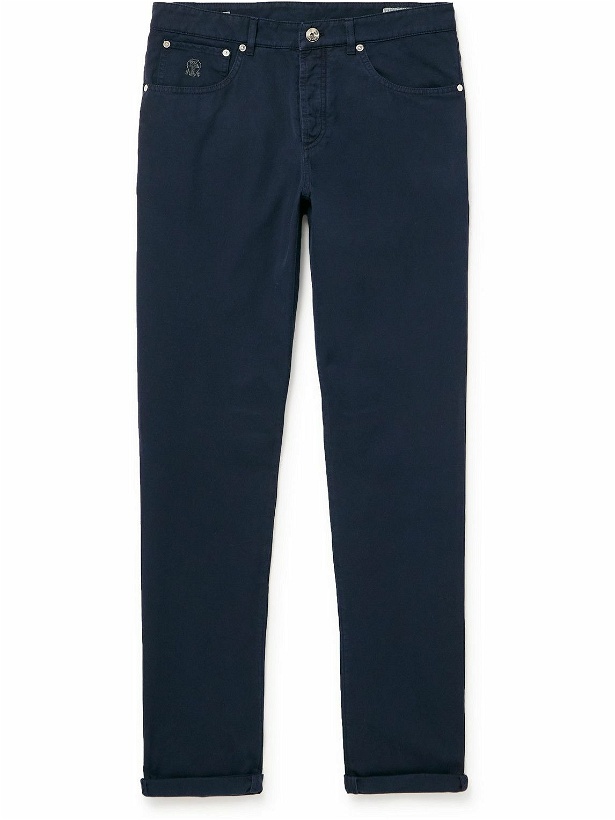 Photo: Brunello Cucinelli - Straight-Leg Logo-Embroidered Cotton-Gabardine Trousers - Blue