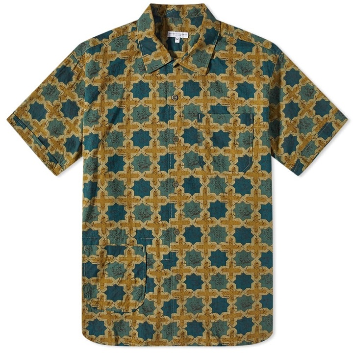Photo: Engineered Garments Men's Camp Shirt in Olive Cross Batik