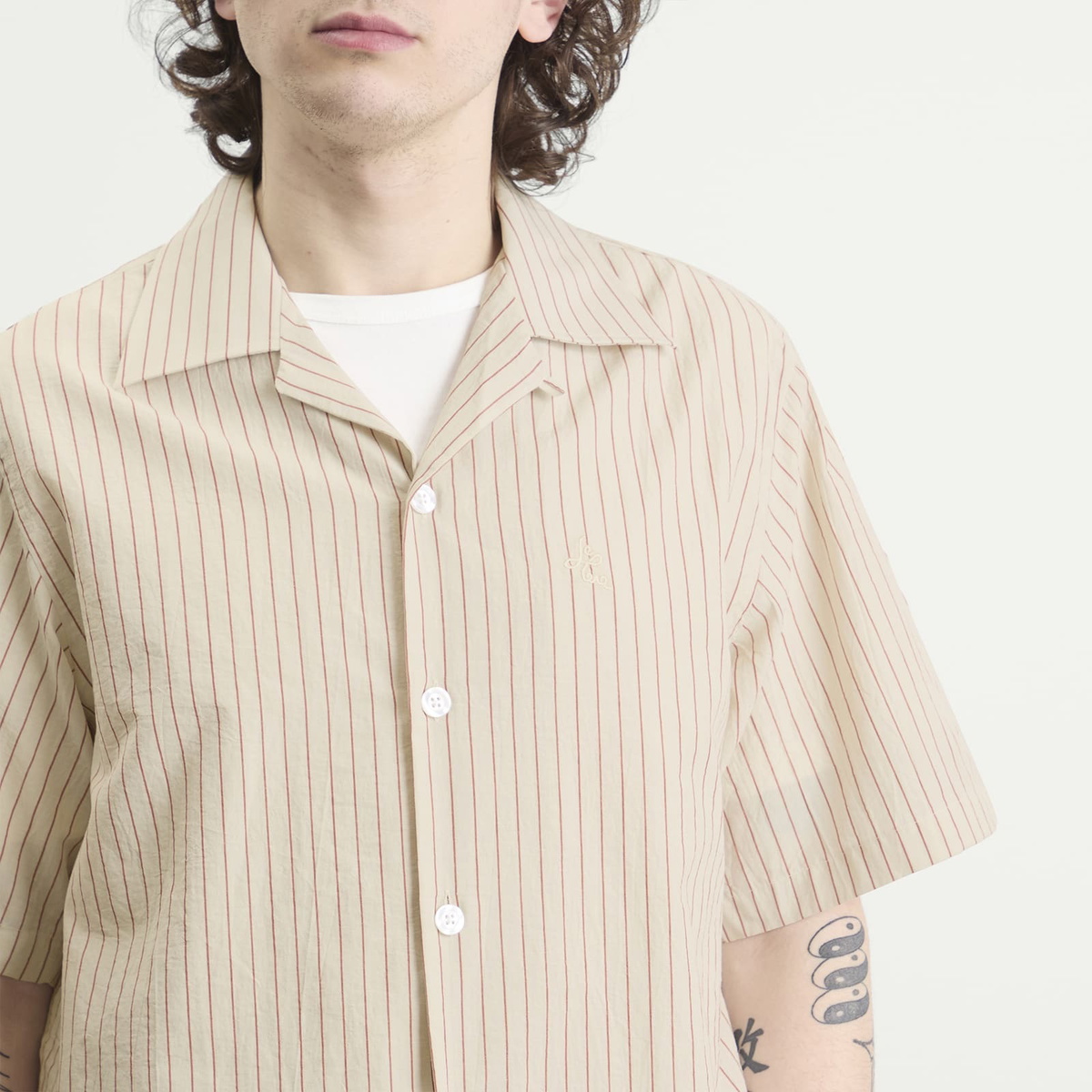 Le Père Men's Stripe Camp Shirt in Red Stripe