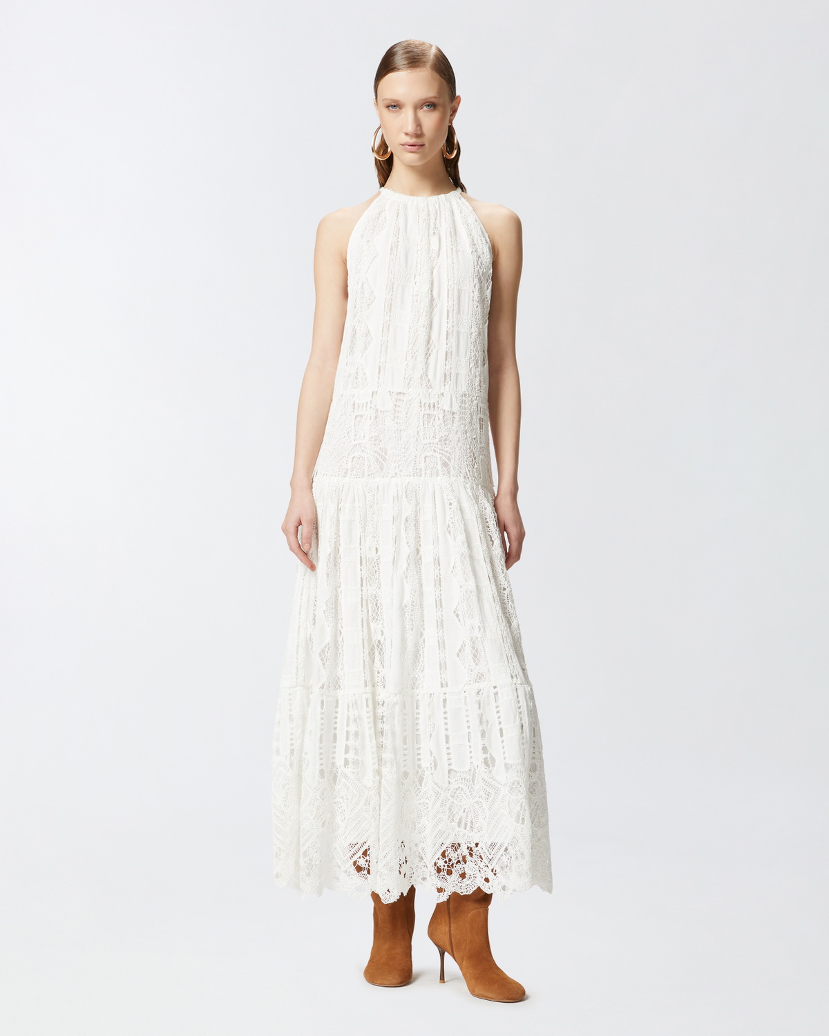 Pinko Midi Dress In Broderie Anglaise And Macramé Snow White