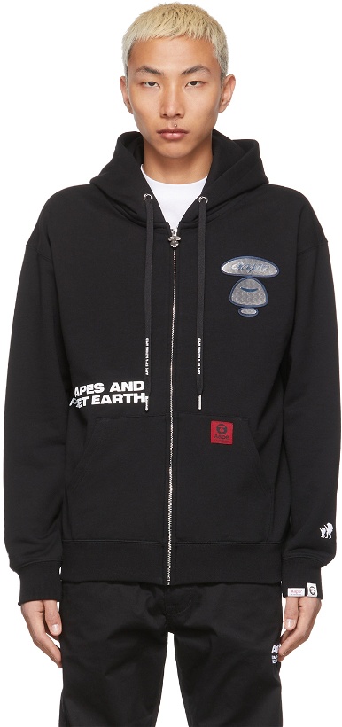 Photo: AAPE by A Bathing Ape Black Logo Patched Zip-Up Sweater