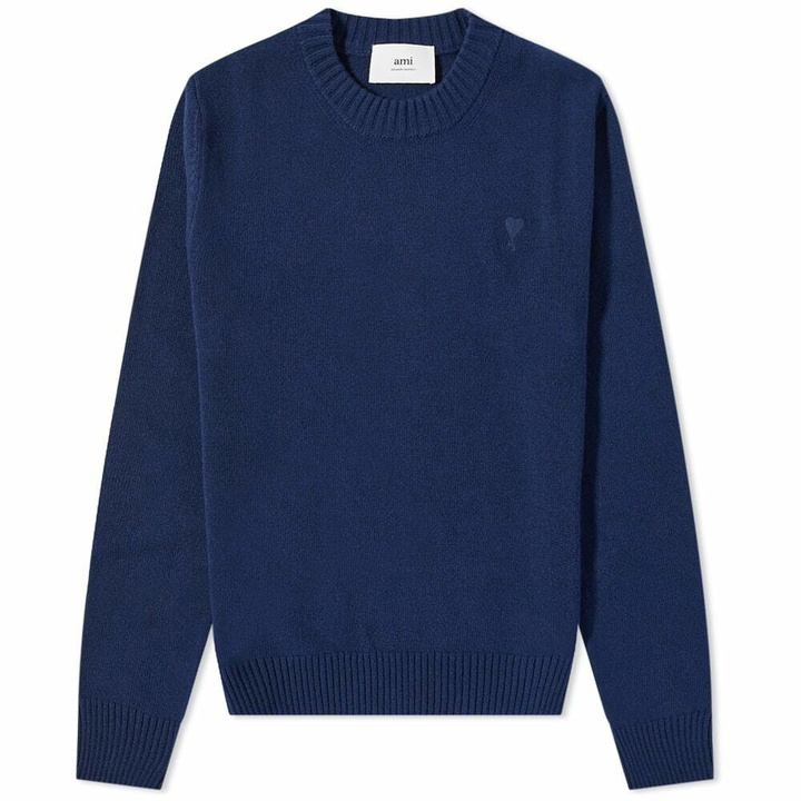 Photo: AMI Men's Tonal Small Heart Crew Knit in Nautic Blue