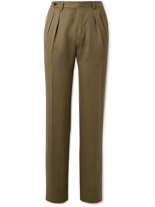 Photo: Brioni - Elba Straight-Leg Pleated Silk and Linen-Blend Twill Suit Trousers - Brown