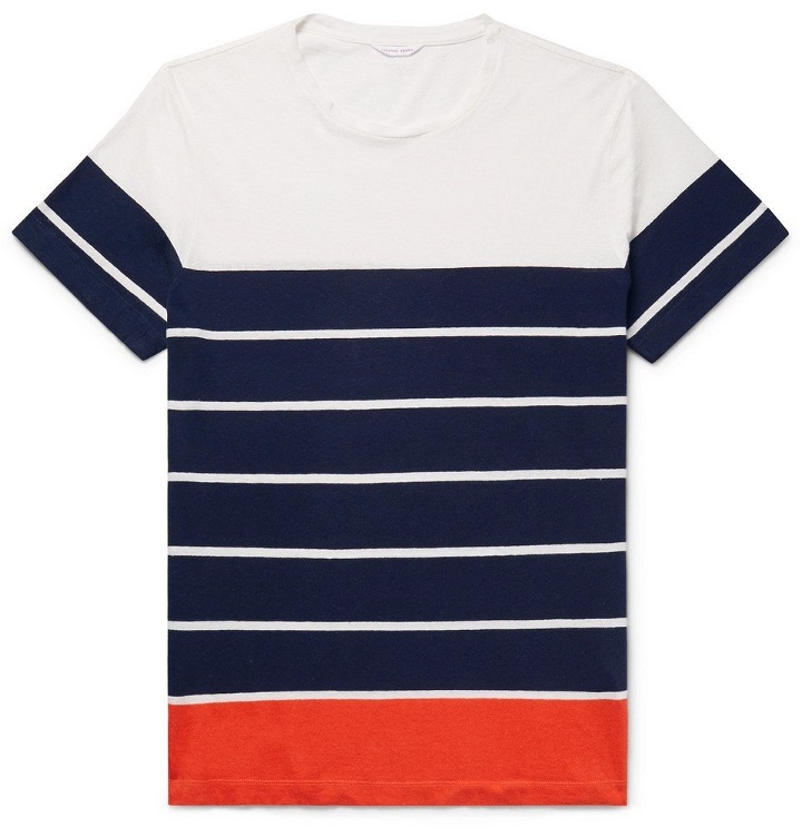 Photo: Orlebar Brown - Sammy Striped Cotton and Linen-Blend T-Shirt - Men - Navy