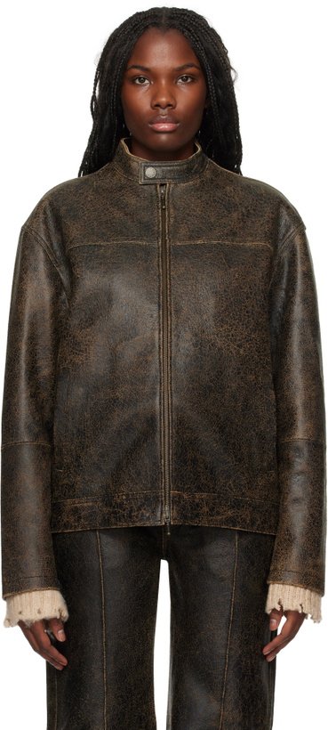 GUESS USA Brown Crackle Leather Jacket GUESS