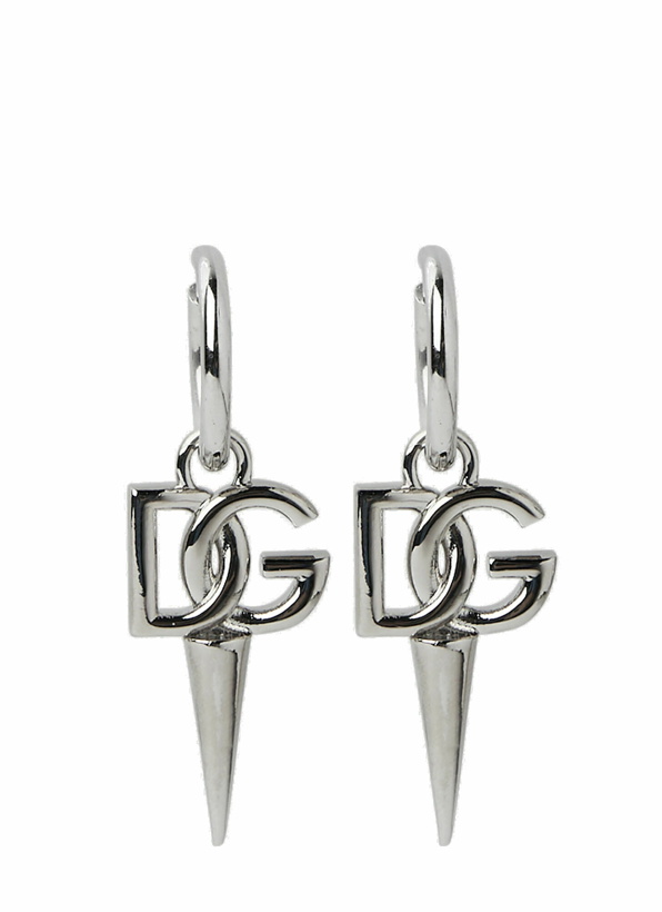 Photo: Logo Plaque Spike Hoop Earrings in Silver