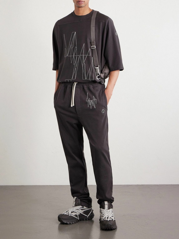 Photo: Rick Owens - Moncler Straight-Leg Logo-Appliquéd Embroidered Cotton-Jersey Sweatpants - Brown