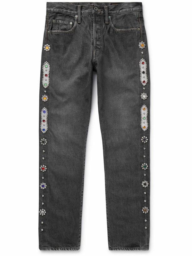 Photo: KAPITAL - Monkey CISCO Straight-Leg Embellished Leather-Trimmed Jeans - Gray