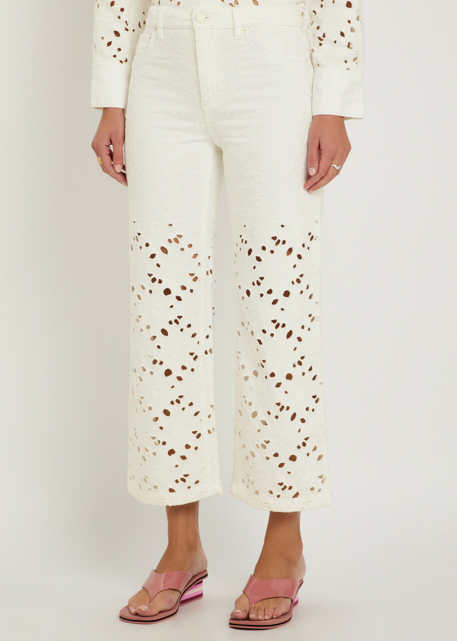 Alice + Olivia Chic Cutwork Embroidered Wide-leg Jeans White