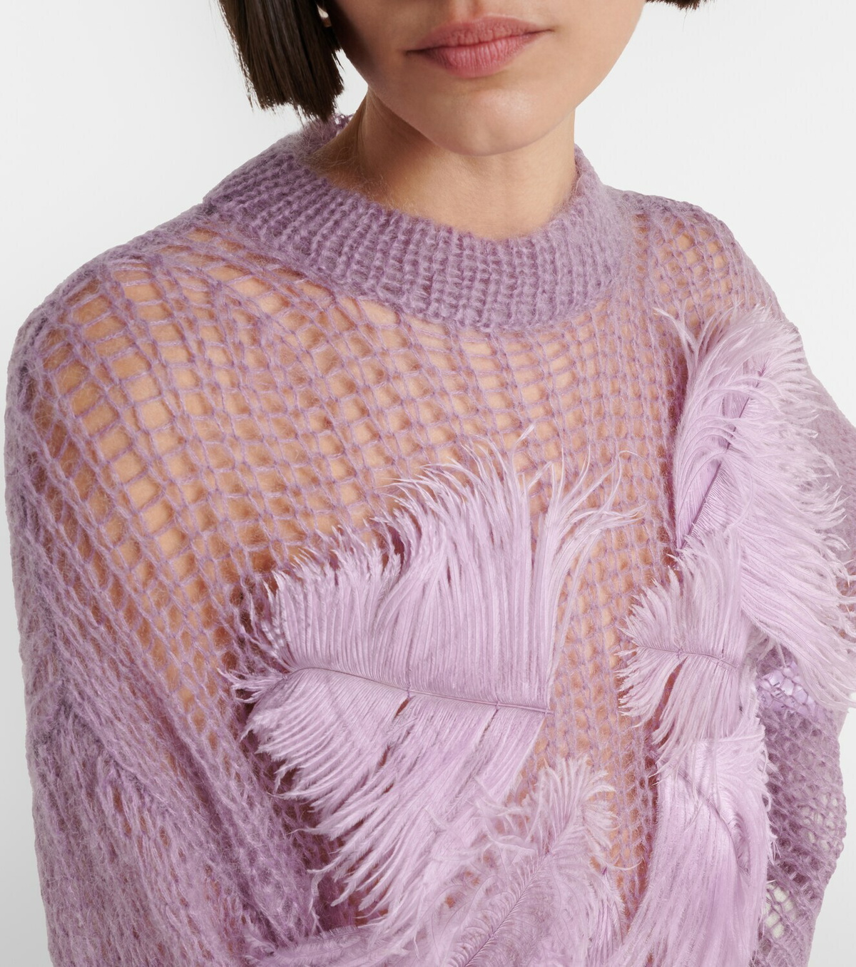 The Attico Feather-trimmed open-knit mohair-blend sweater