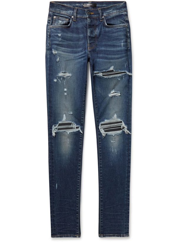 Photo: AMIRI - MX1 Skinny-Fit Distressed Leather-Panelled Stretch-Denim Jeans - Blue