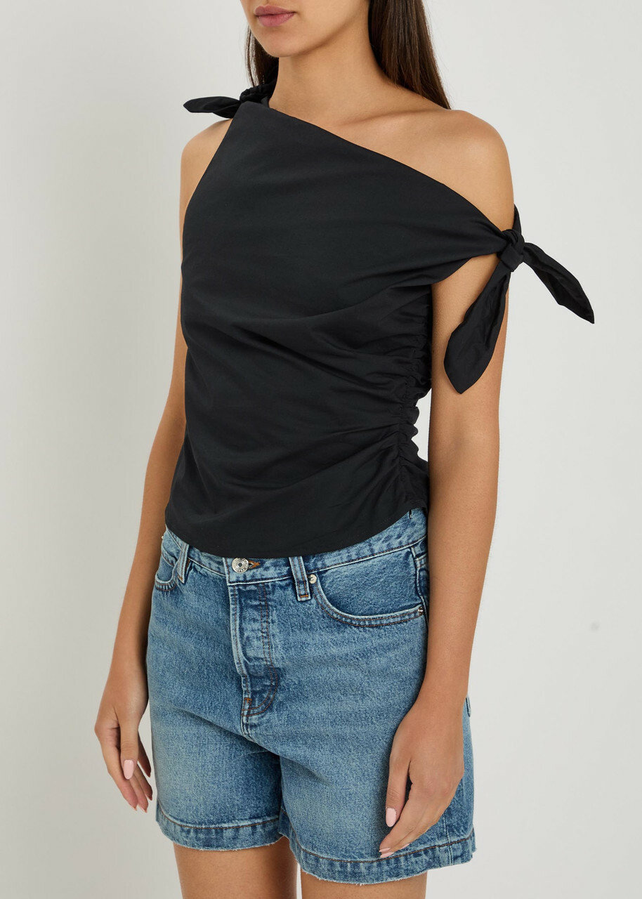 Staud Bellaria Ruched Stretch-cotton top Black