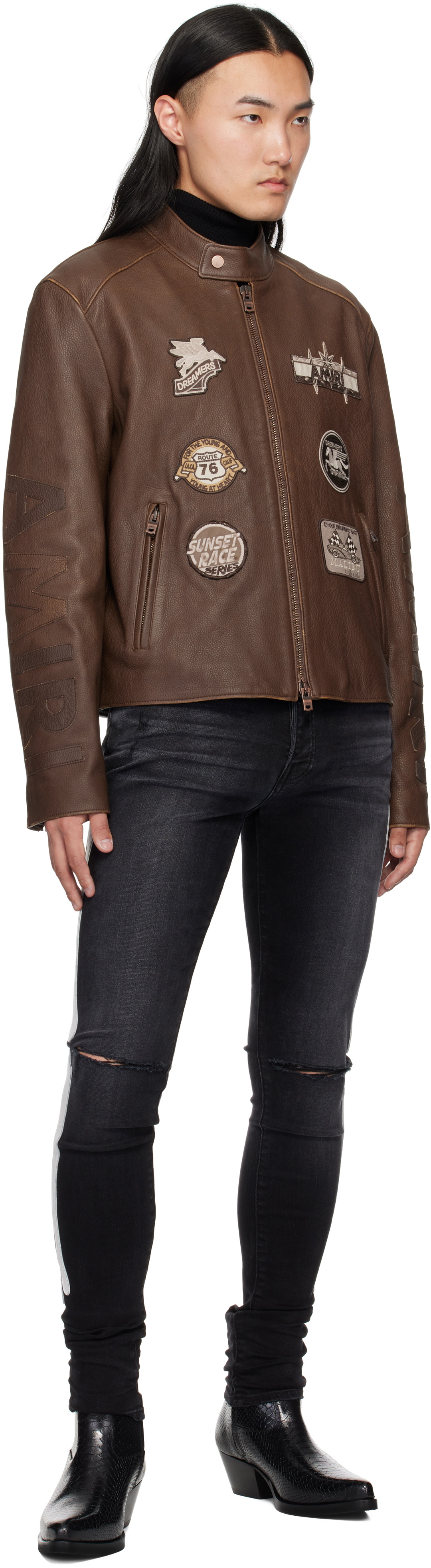 AMIRI Brown 'AMIRI' Patch Racer Leather Jacket