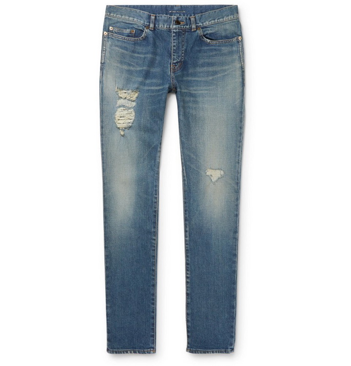 Photo: SAINT LAURENT - Skinny-Fit Distressed Denim Jeans - Blue