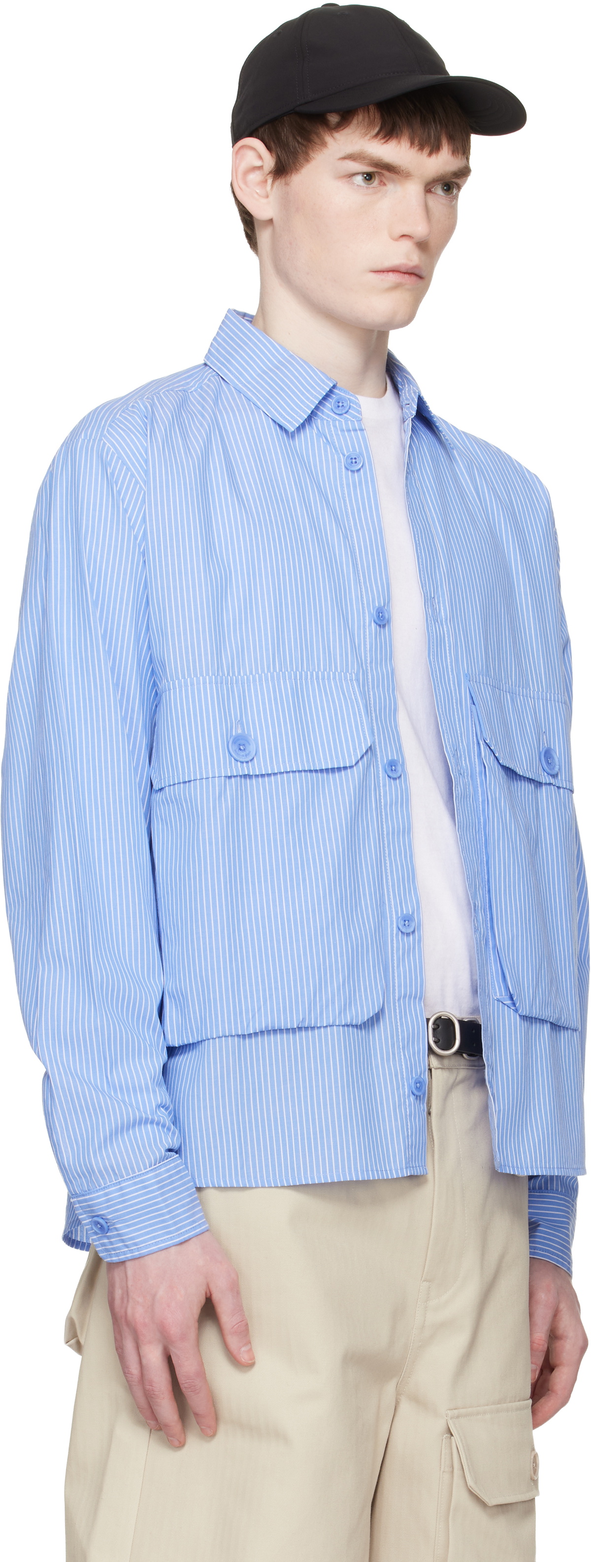 Reese Cooper Blue Cotton Chambray Cargo Button Down Shirt