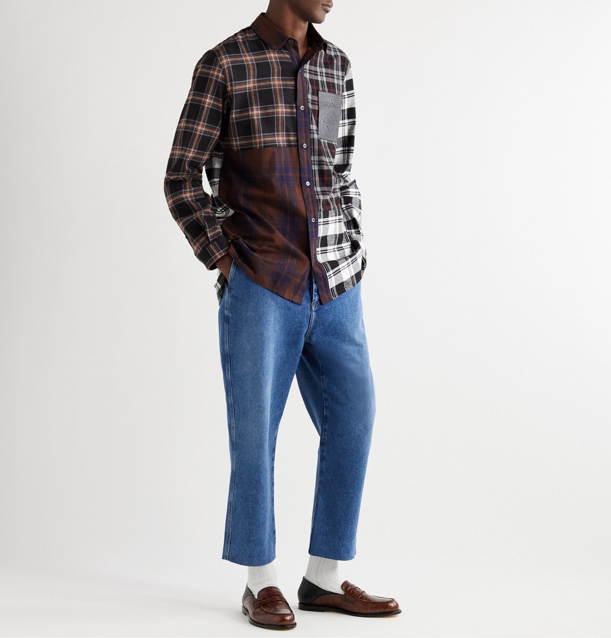 Loewe - Leather-Trimmed Patchwork Checked Cotton-Flannel Shirt - Brown ...