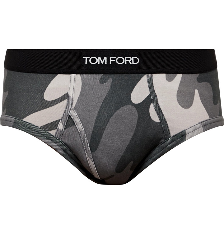 Photo: TOM FORD - Camouflage-Print Stretch-Cotton Briefs - Gray