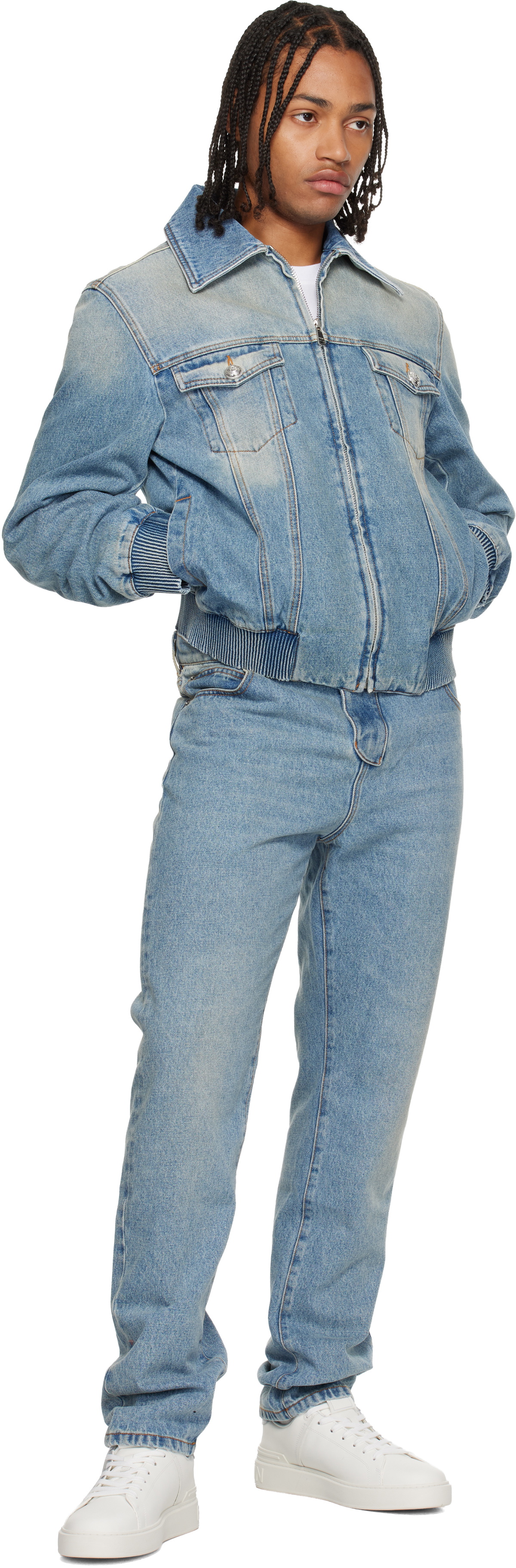 Balmain Blue Cropped Lined Denim Jacket