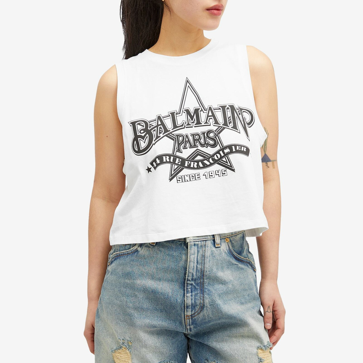 Balmain Women's Western Print Cropped Tank Top in White Balmain