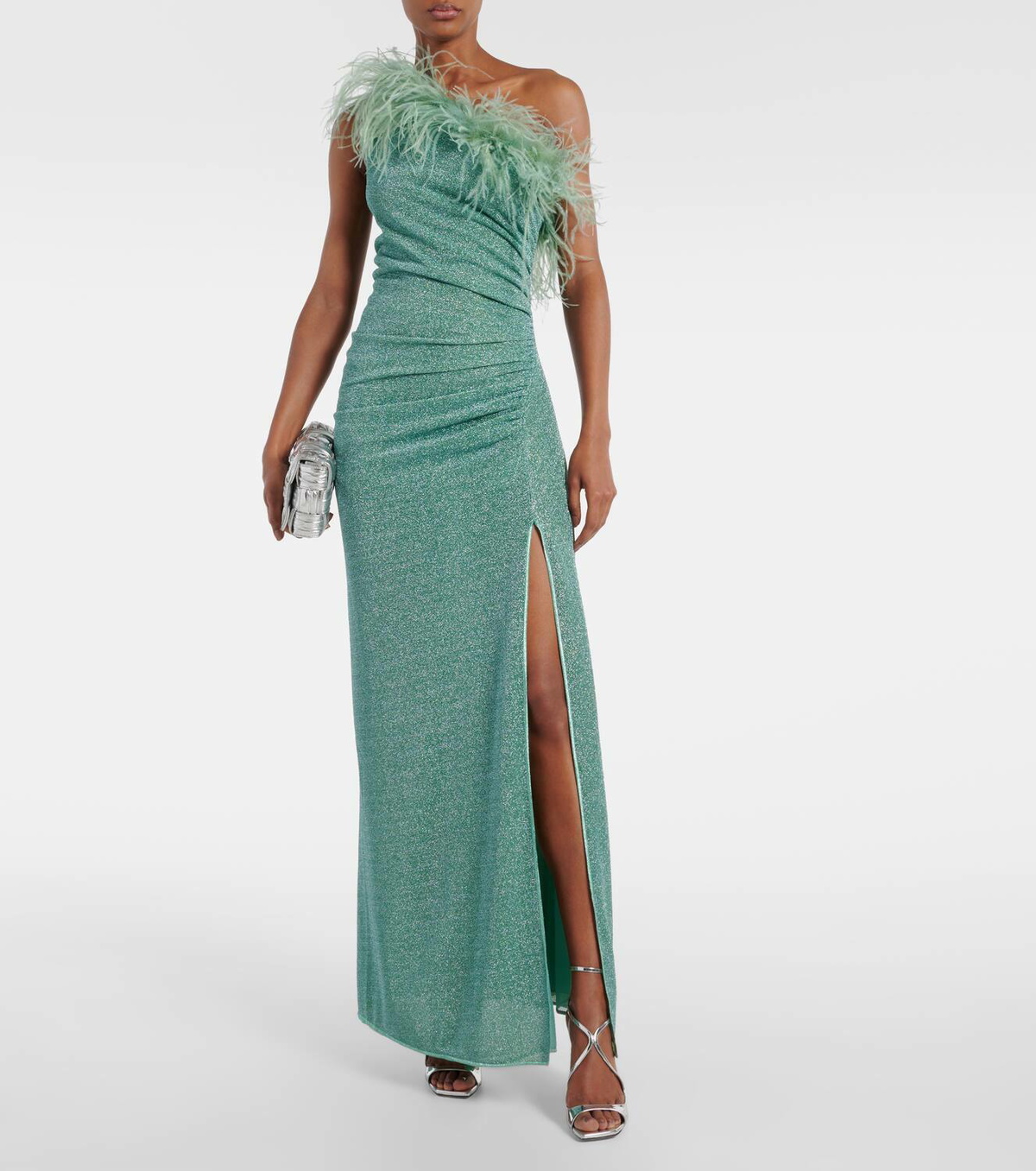 oseree green feather dress Oseree Lumiere Feather Trimmed Metallic Stretch Knit Halterneck Dress main image 1