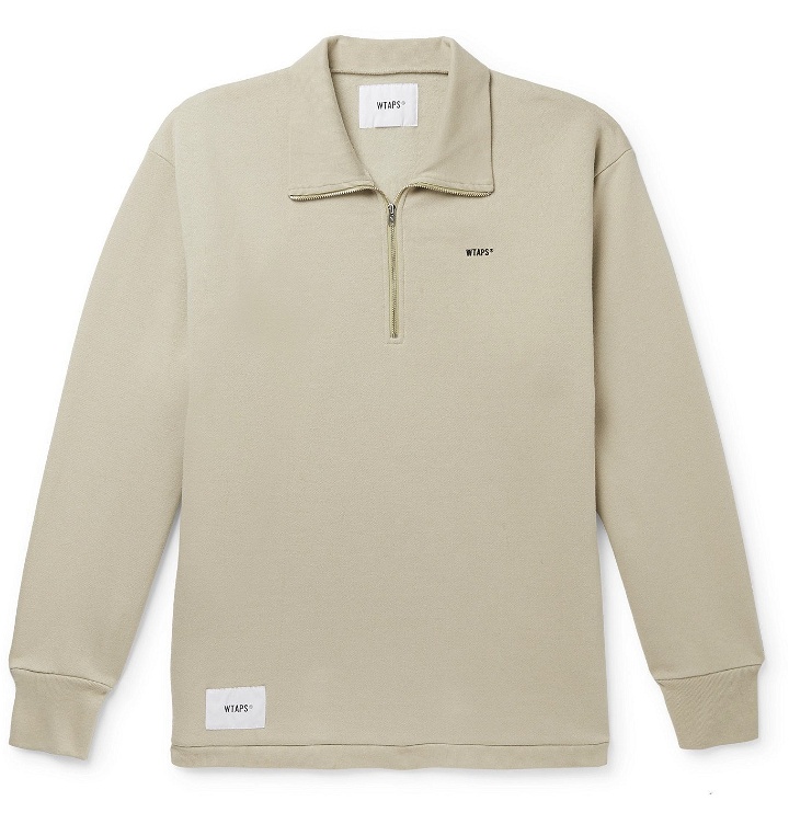 Photo: WTAPS - Logo-Appliquéd Cotton-Blend Jersey Half-Zip Sweatshirt - Neutrals