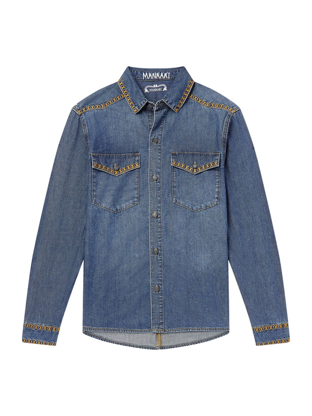 Photo: MANAAKI - Tukutuku Embroidered Denim Shirt - Blue