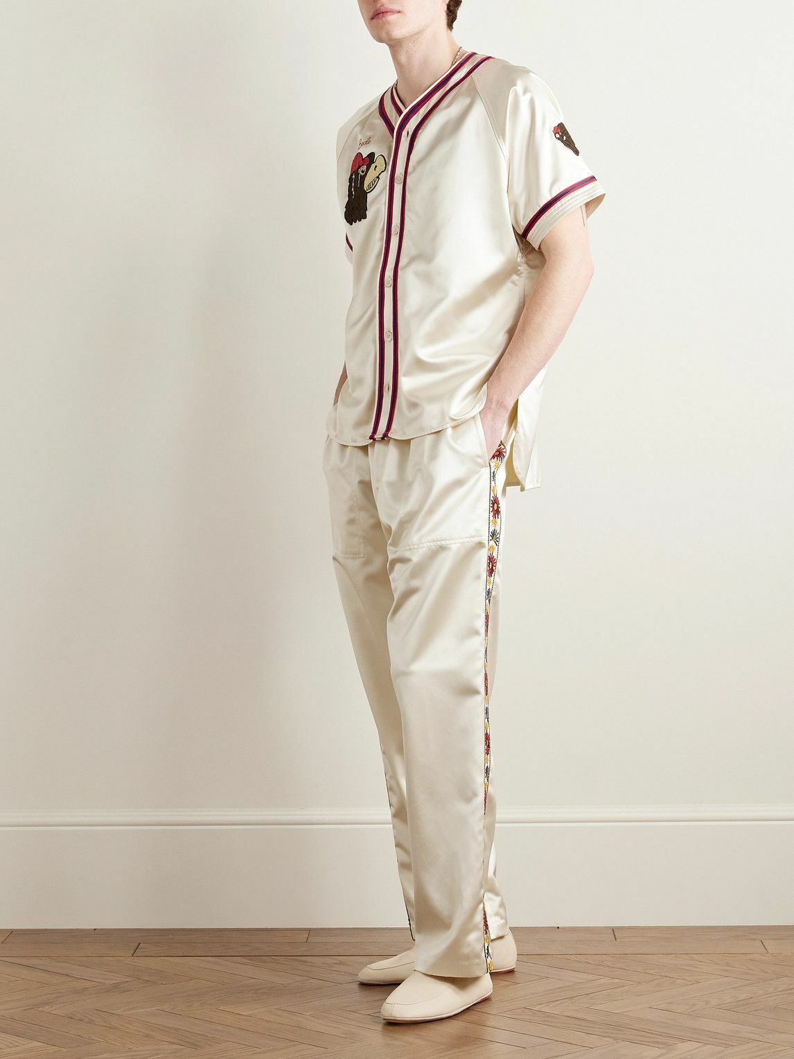 BODE - Candyfloss Straight-Leg Embroidered Voile-Trimmed Satin Track Pants - Neutrals
