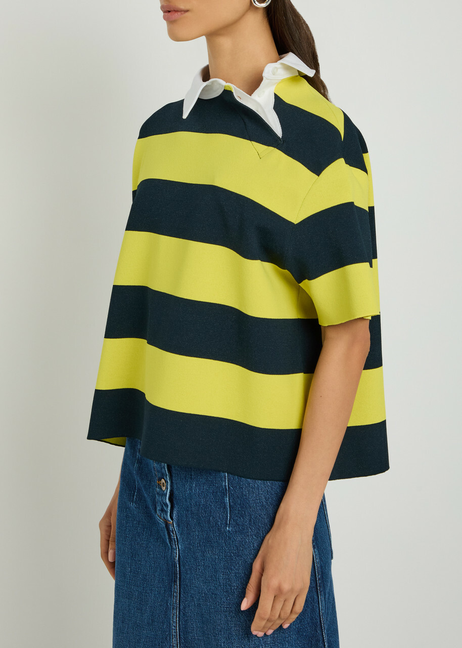 A.W.A.K.E Mode Striped Asymmetric Knit Rugby Polo top Yellow