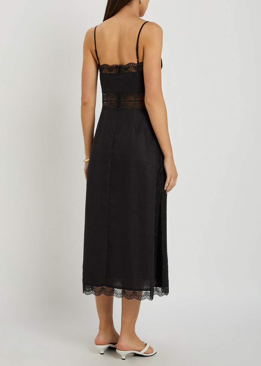 Staud Amalina Lace and Linen Midi Dress Black