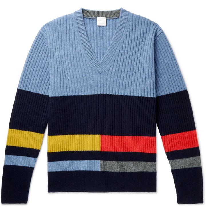 Photo: Paul Smith - Ribbed Striped Lambswool Sweater - Blue