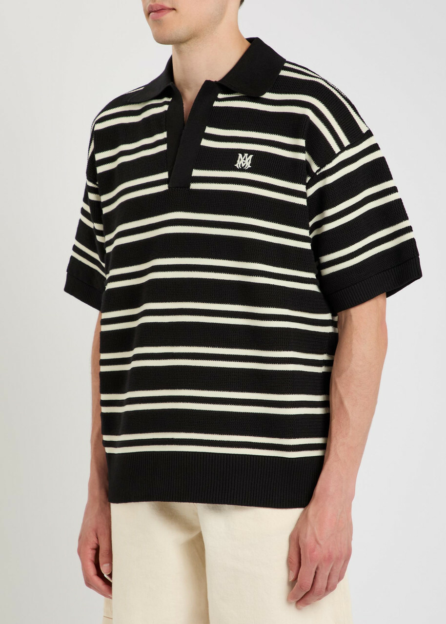 Amiri Striped Logo-embroidered Knit Polo Shirt Black