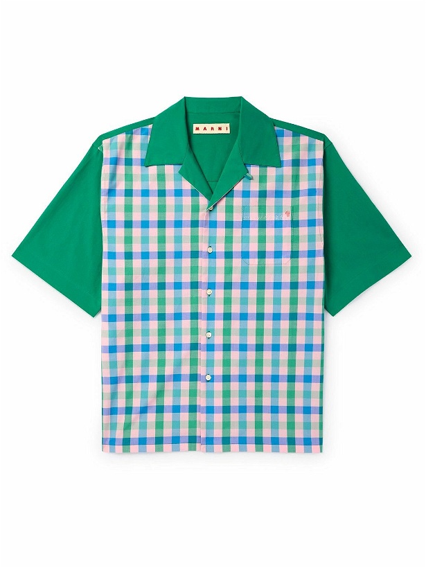 Photo: Marni - Convertible-Collar Logo-Embroidered Checked Cotton-Poplin Shirt - Blue