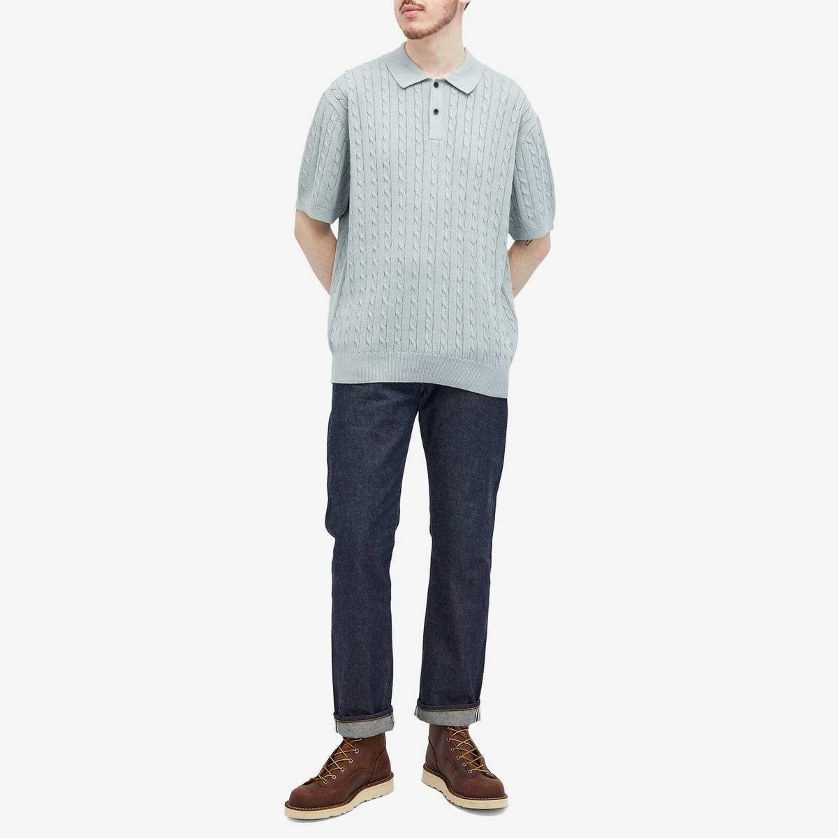 【BEAMS】Knit Polo Cable　ICE BLUE L BEAMS PLUS Knit Cable Polo - Ice Blue | Garmentory