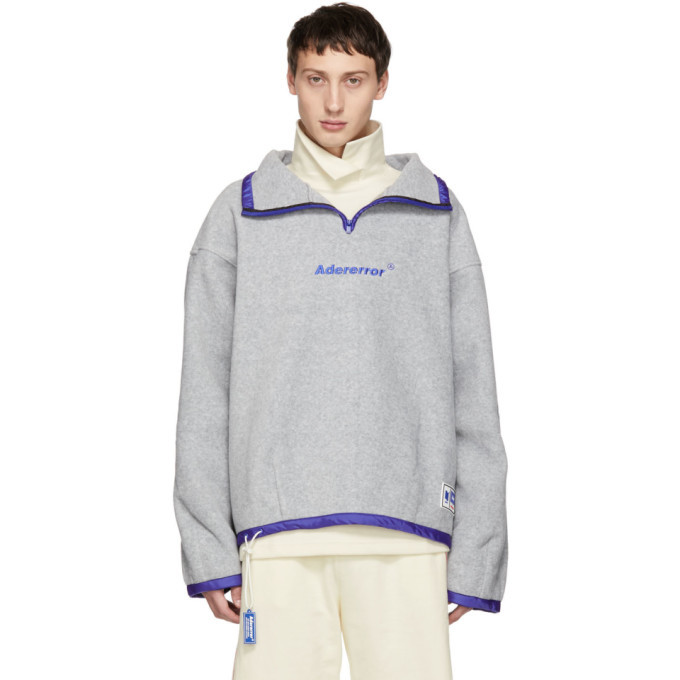 ADER error Grey Fleece Label String Zip-Up Sweater